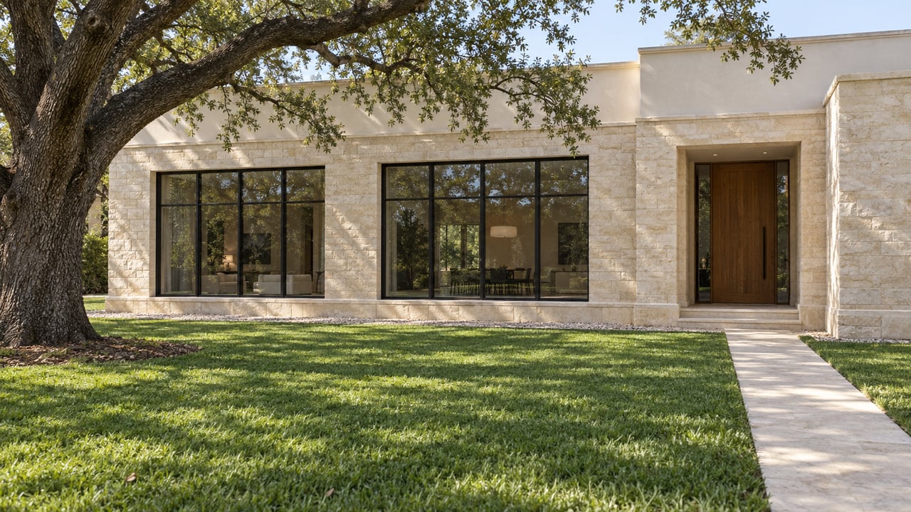 Detached limestone home with black-framed windows, oak canopy, broad lawn, and a pale path to the entrance.