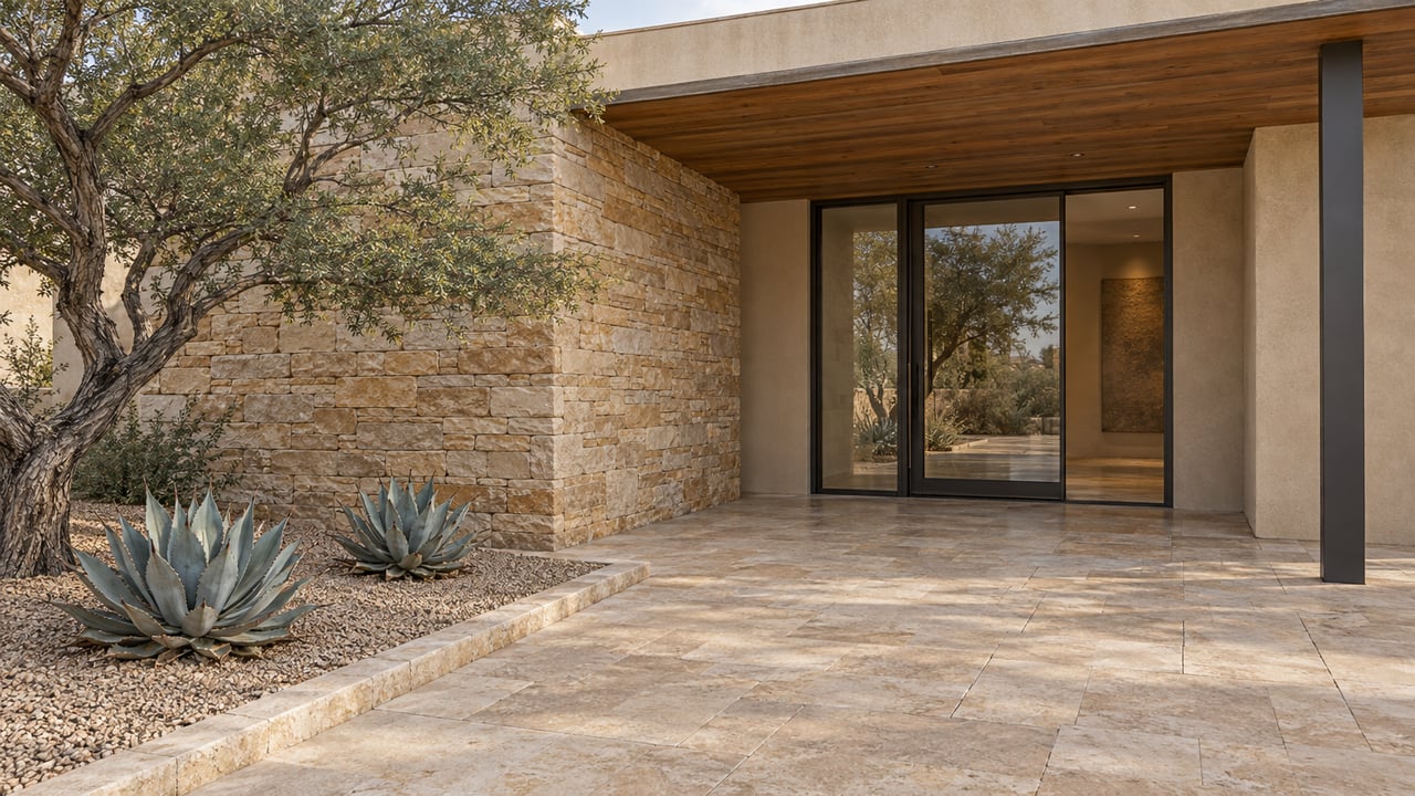 Buff limestone approach beside an ironwood tree and two agaves leads to a recessed glass entrance with ocher masonry and a deep wood soffit.