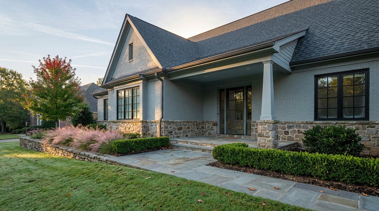 Stone-and-brick house with a covered porch, gabled roof, flagstone walk, and a red-tipped maple.