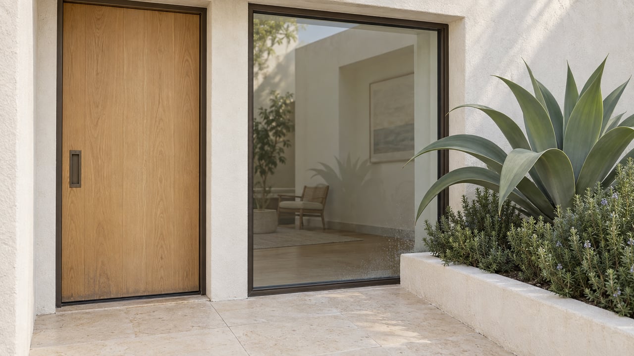 Coastal home entry with a pale oak door, bronze-framed window, limestone landing, and agave planter.