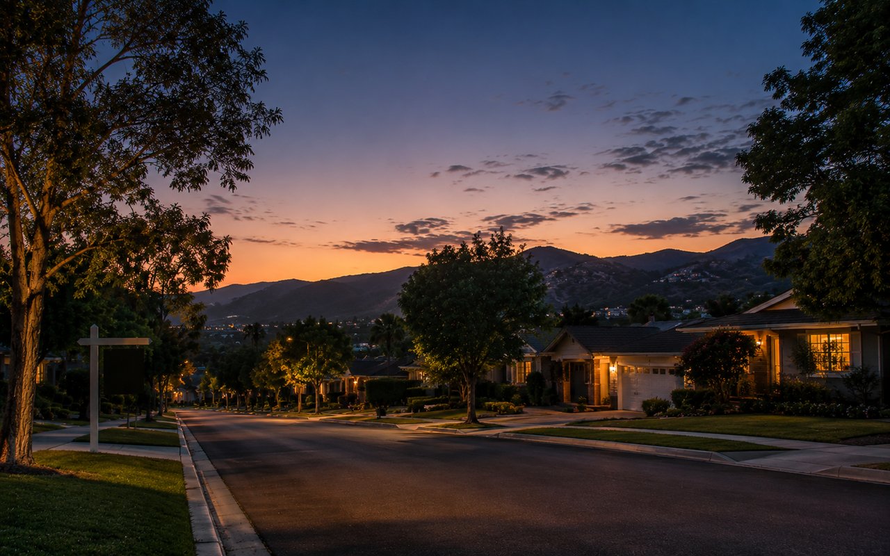 Open house sign on a quiet San Fernando Valley residential street with no crowd