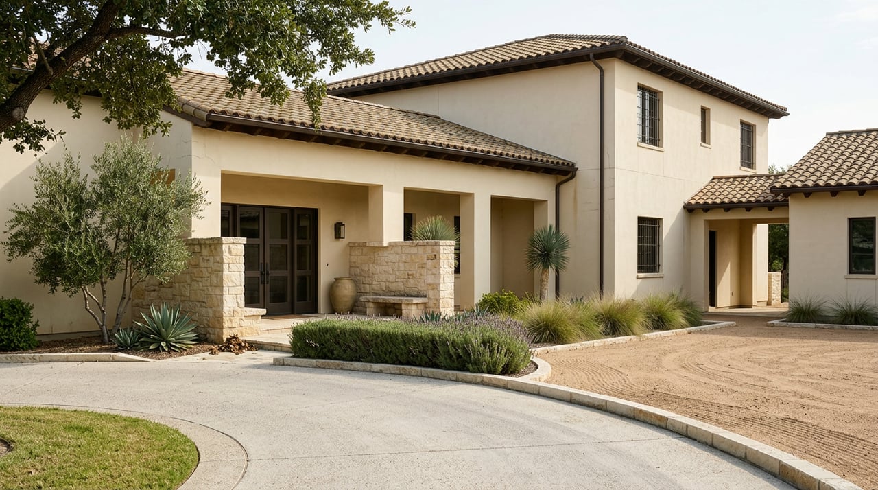 Concrete drive curves toward a cream-stucco loggia, with a limestone wall and oak canopy.