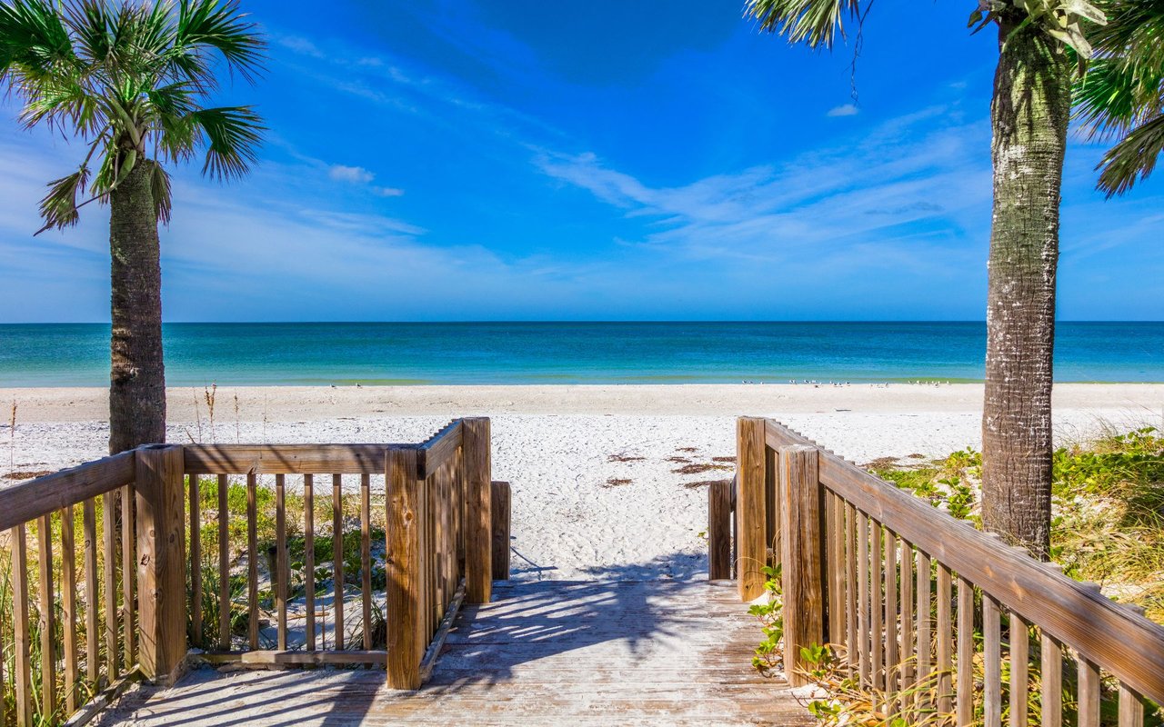 Wooden beach boardwalk framed by palm trees, opening onto turquoise water.