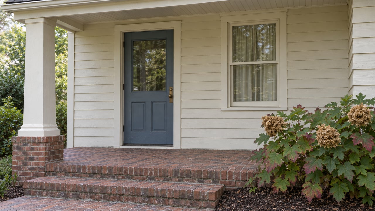Covered entry of a cream clapboard home with a slate-blue glazed door, brick steps and an oakleaf hydrangea.