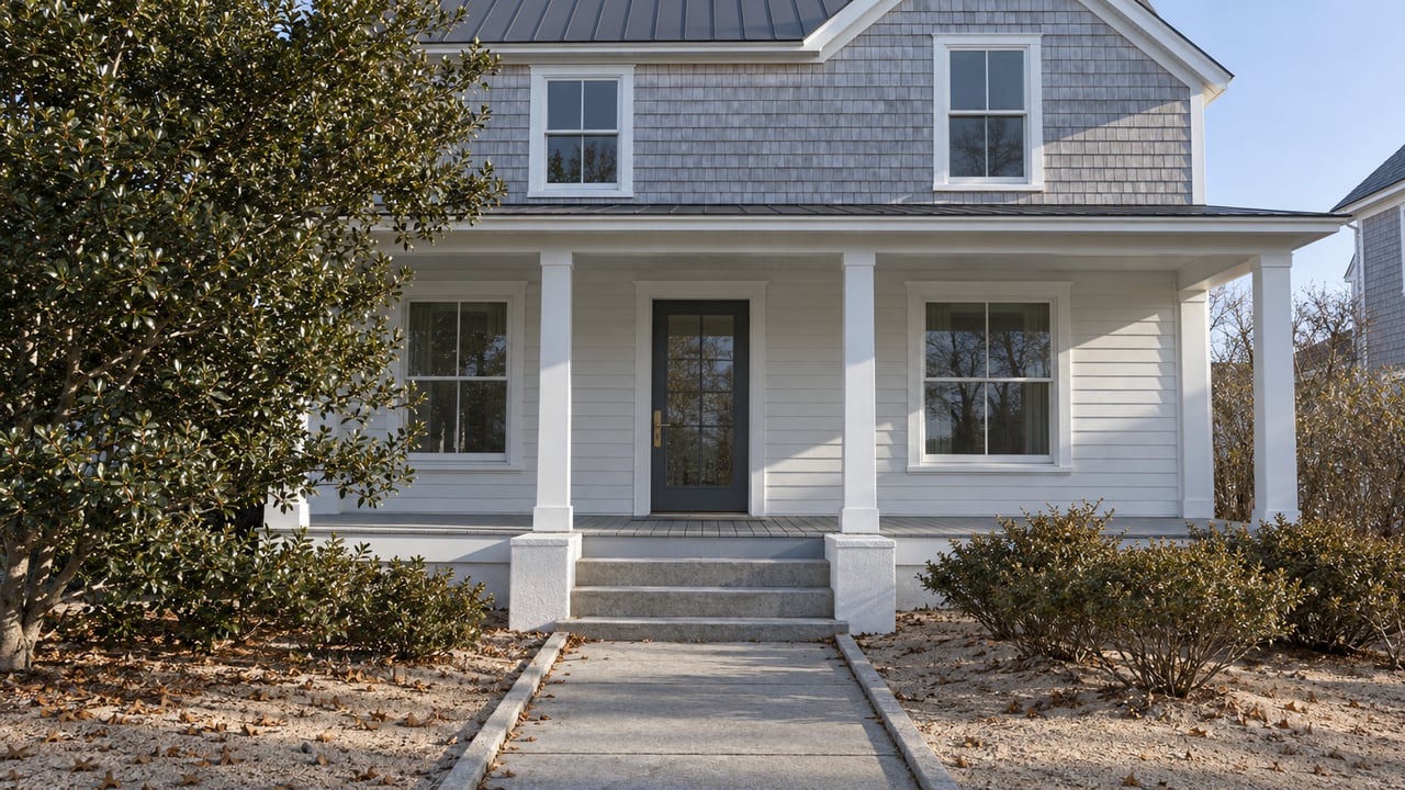 Winter sunlight falls across a silver-shingled and white-clapboard beach house, its raised porch overlooking a sandy garden and concrete approach.