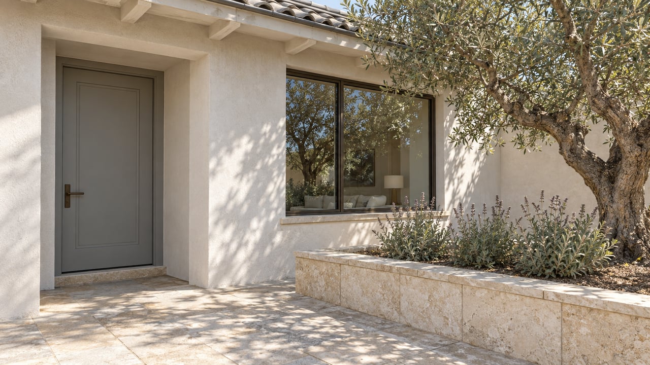 Sunlit stucco entry with a gray timber door, bronze-framed window, limestone terrace and sculptural olive tree in a raised stone planter.
