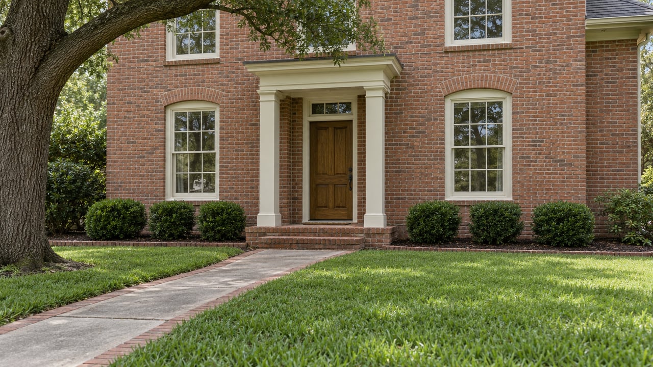 Red-brick home with a sheltered oak entry door, paired tall windows, clipped boxwood shrubs and a concrete approach across a green lawn.