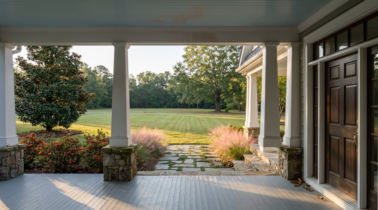 White porch columns frame a fieldstone path and sunlit lawn, with pink muhly grass and trees beyond.