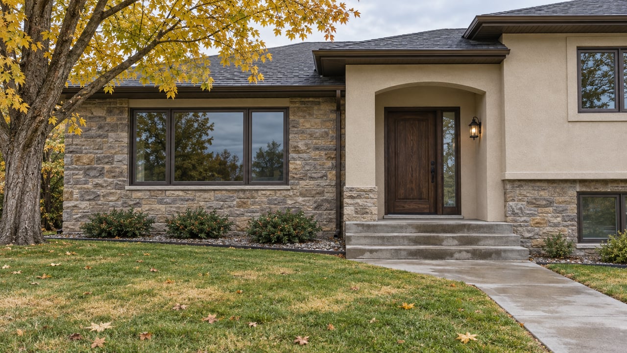 Stone-and-stucco split-level home with a recessed arched entry, autumn maple, and broad front lawn.
