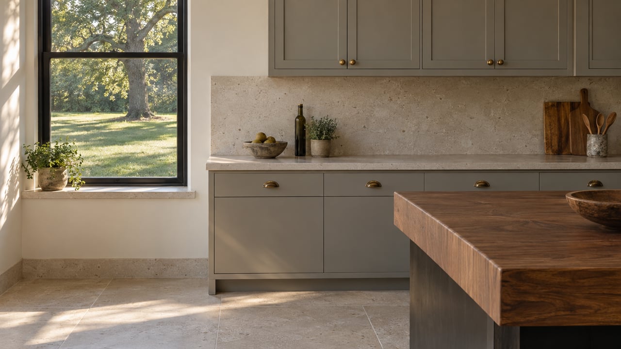 Warm-gray kitchen cabinetry and limestone counters beside a black-framed window overlooking lawn and an oak tree.