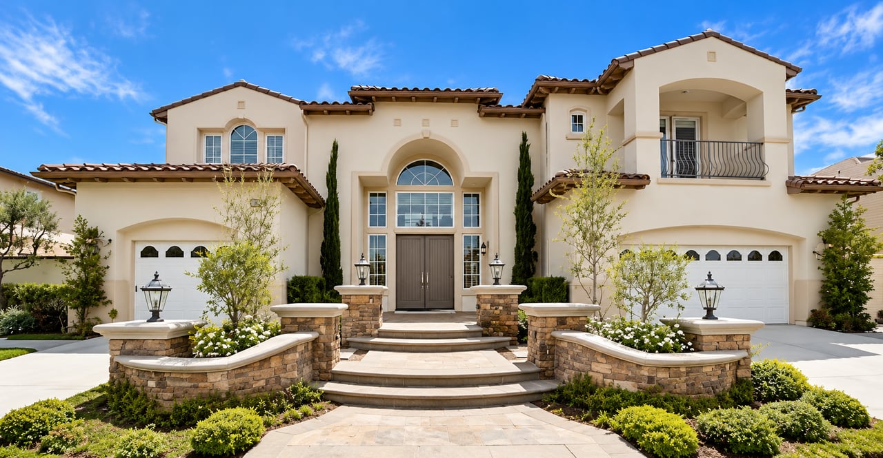 Two-story cream stucco home with an arched entry, twin garages, and landscaped stone planters.