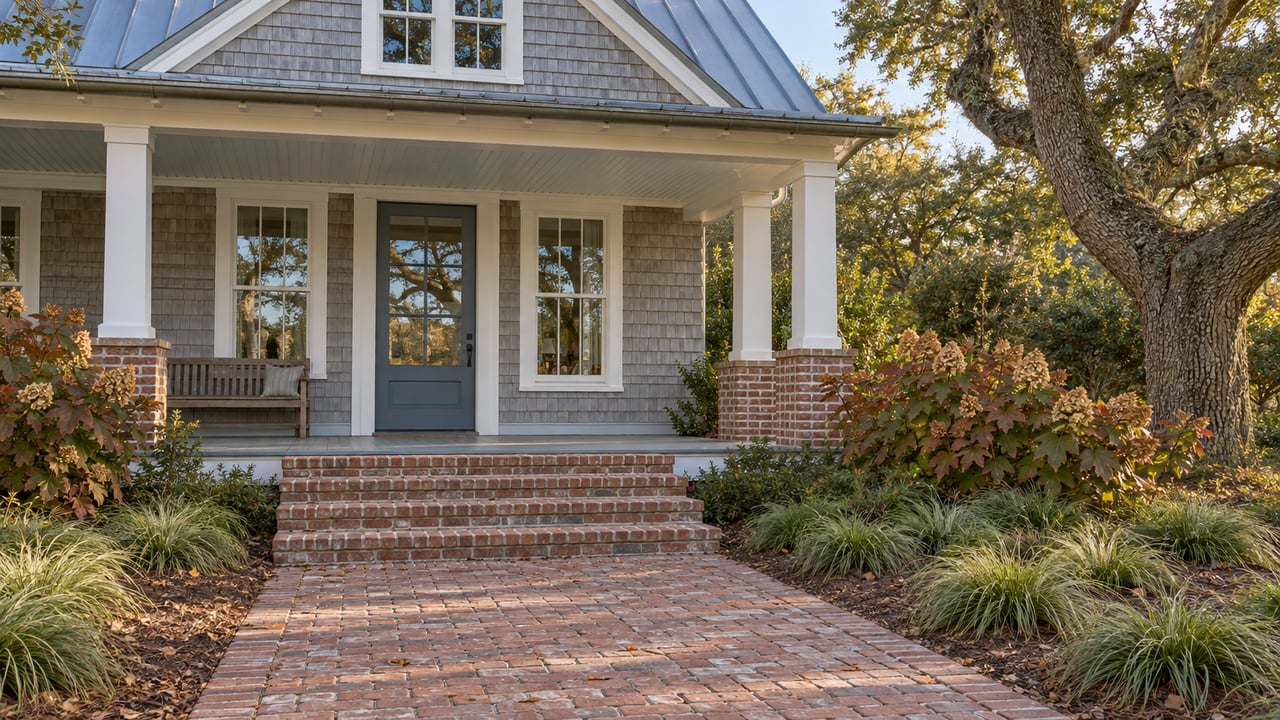 Weathered cedar-shingled cottage with a raised white-trimmed porch, brick approach, and oak-shaded autumn garden.