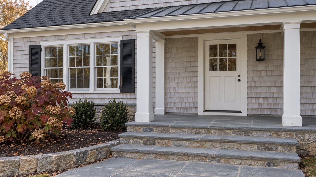 Pale gray shingled home with a covered entry, white columns, bluestone steps and burgundy oakleaf hydrangea foliage.