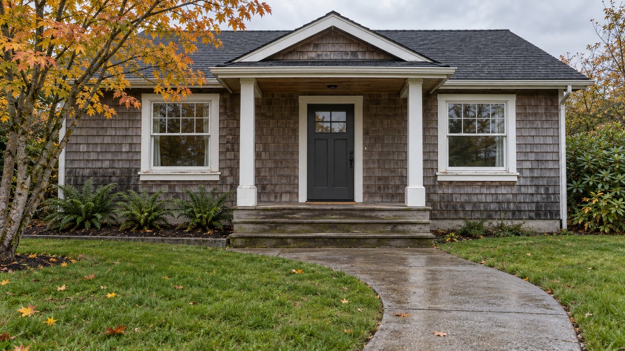 Weathered cedar cottage with white-trimmed windows, a covered porch and a curved concrete walk through a small autumn garden.