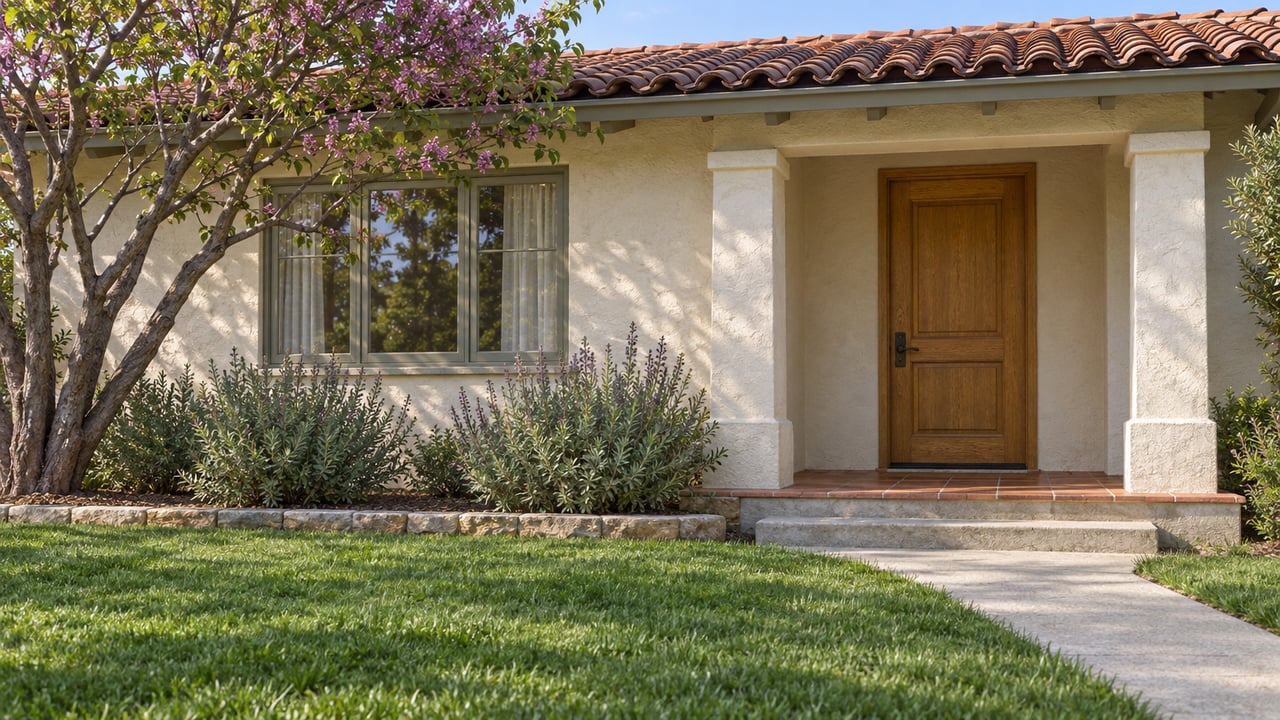 Cream stucco home with a clay tile roof, recessed oak entry, terracotta porch and mature flowering tree beside a deep front lawn.