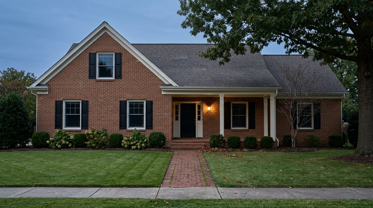 Two-story brick house, white-columned porch, black shutters, glowing entry sconce, lawn, and overhanging oak.