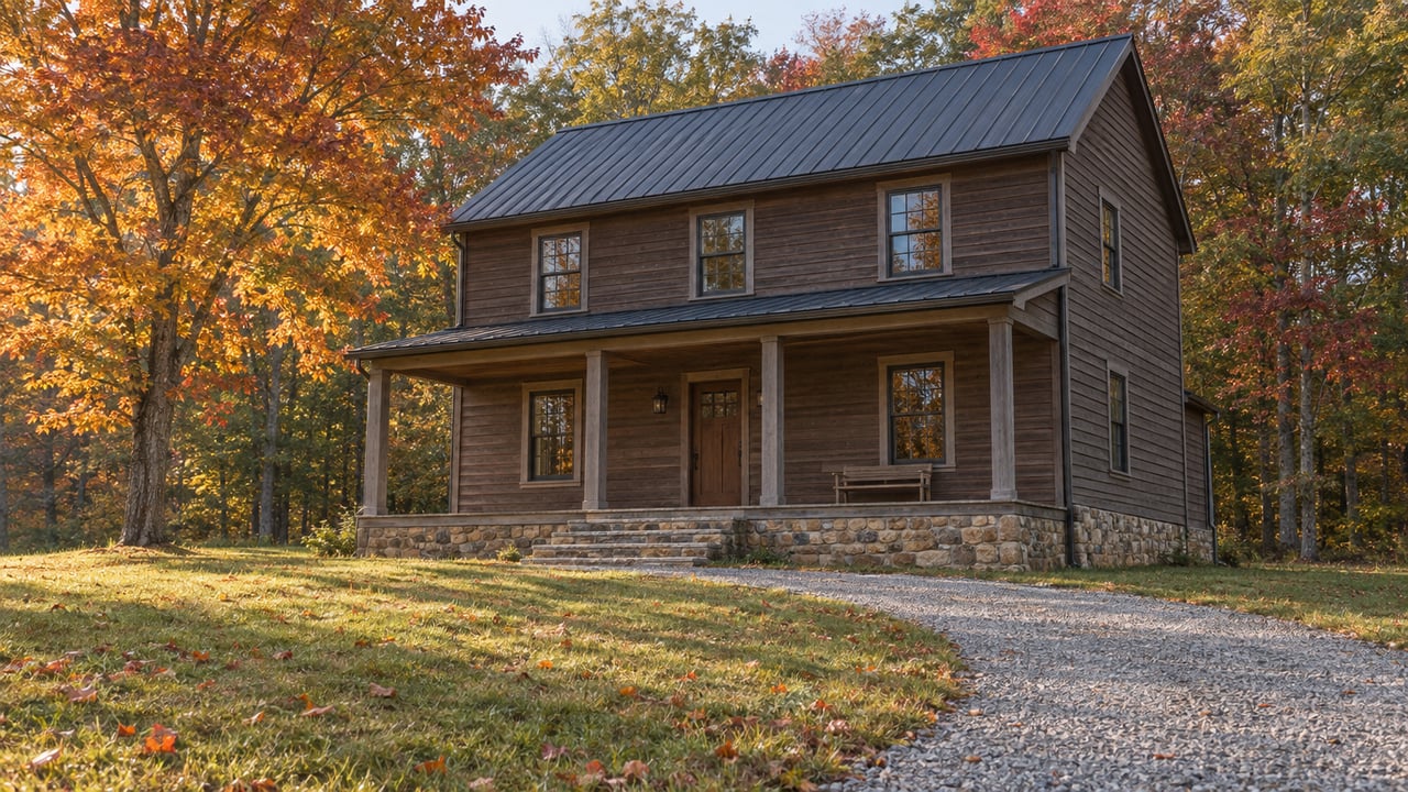 Timber-sided country home with a stone foundation and covered porch across an autumn lawn, backed by red and russet hardwood trees.