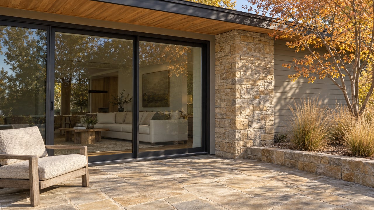 Autumn light on a contemporary home's covered stone patio, wood soffit and closed glass doors beside a copper-leaved maple.