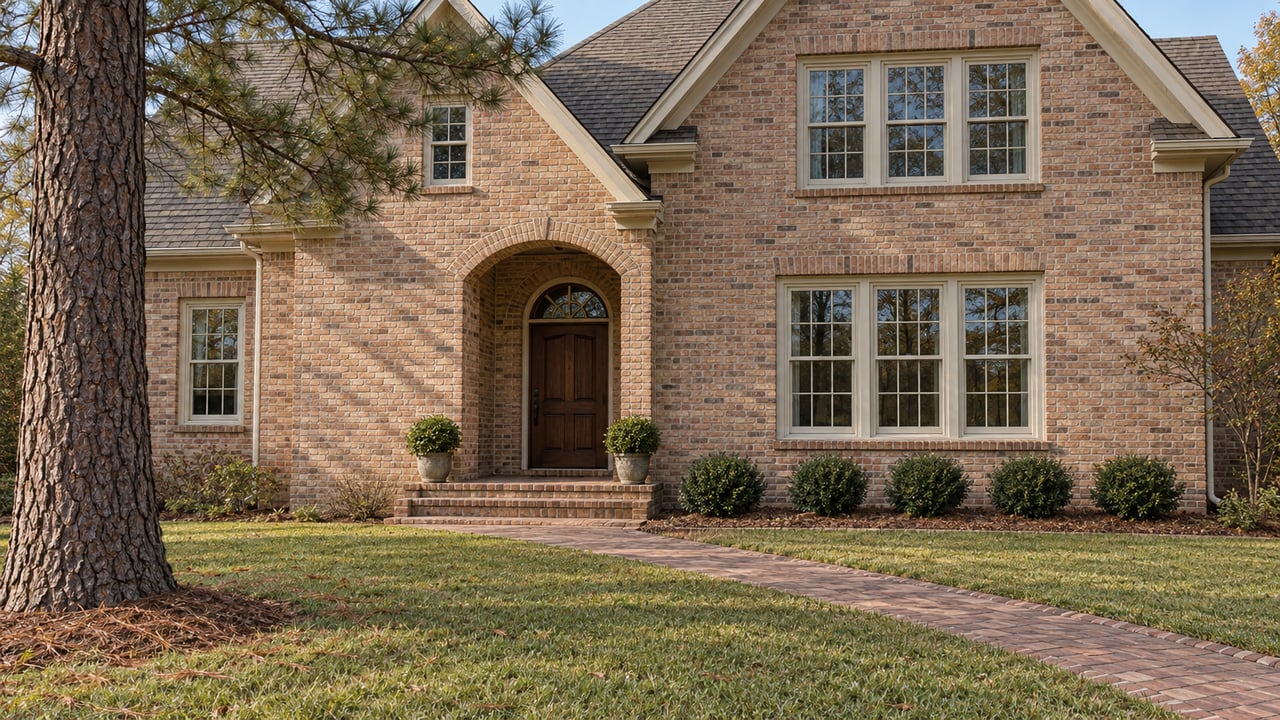 Warm brick house with an arched entry, cream-trimmed windows, a brick walk and a deep lawn beside a mature pine.