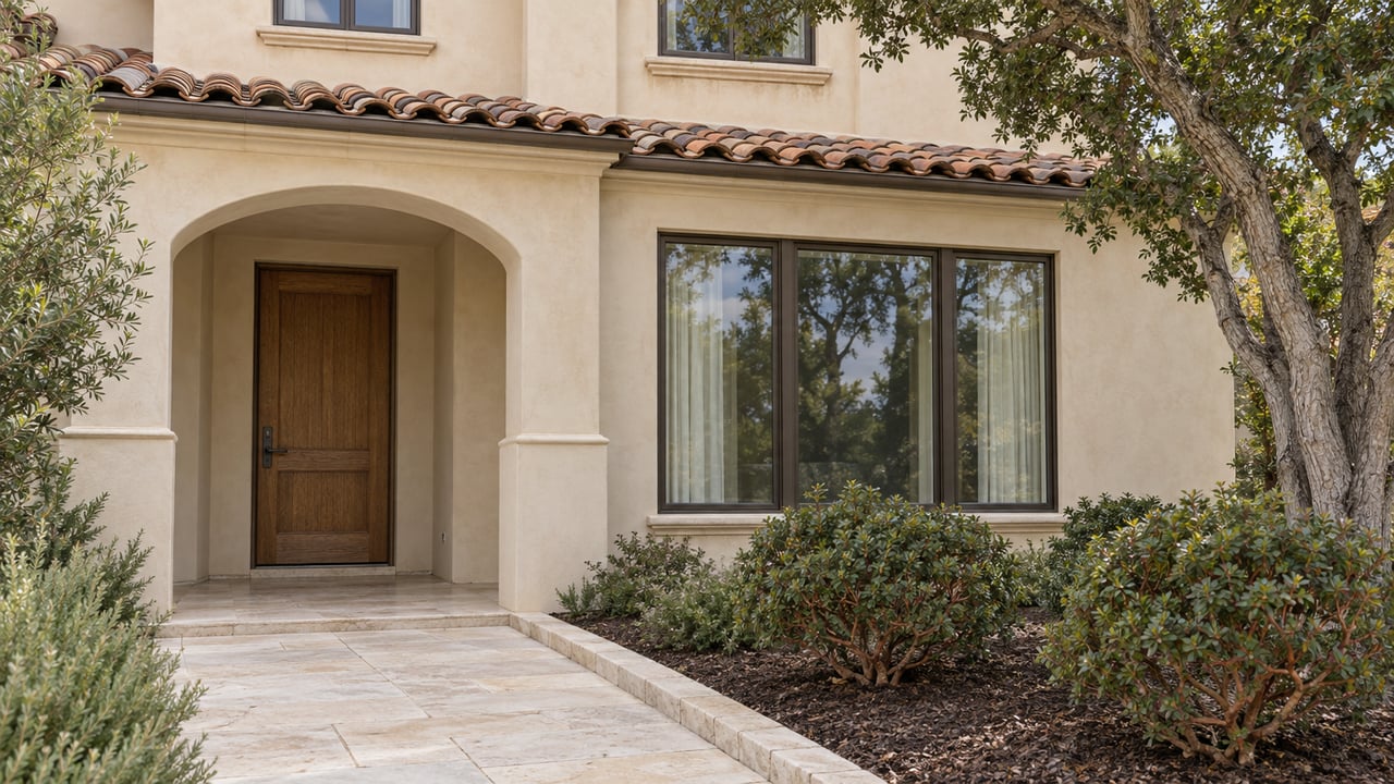 Warm stucco home with a recessed arched oak entry, bronze-framed windows and limestone garden path bordered by manzanita and a mature oak.