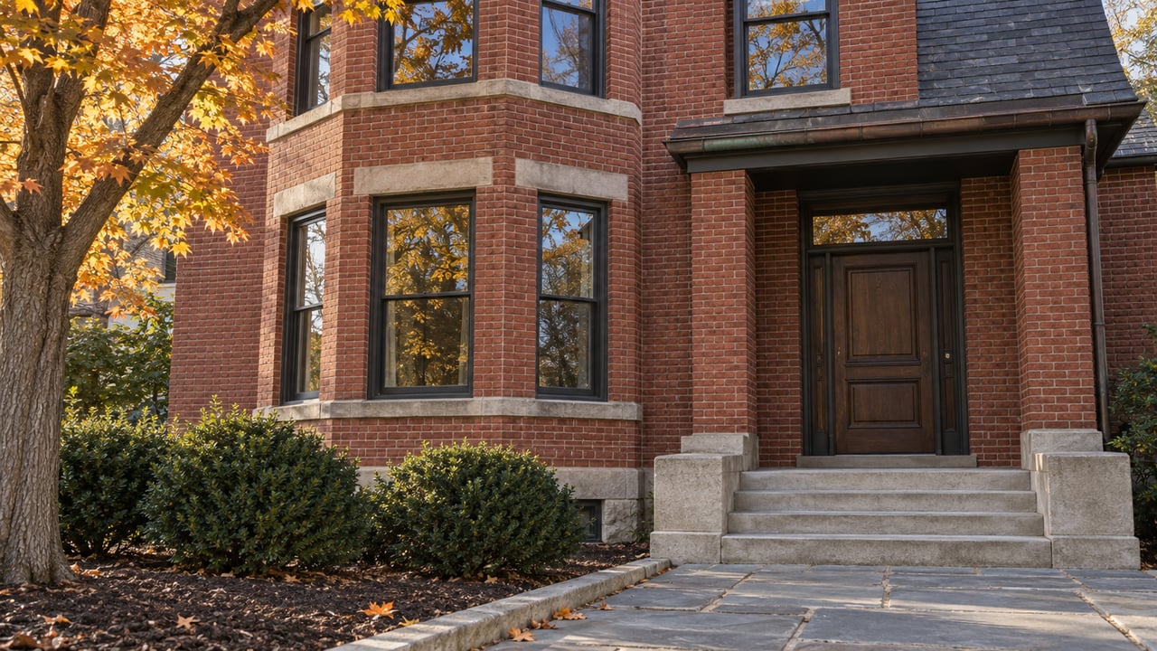 Sunlit red-brick house with black sash windows, a recessed oak entrance, limestone steps, and orange maple leaves.
