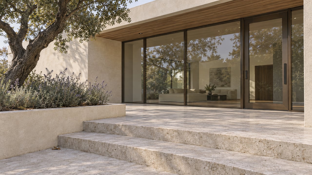 Limestone steps lead to a bronze-framed glass entrance beneath a cedar-lined overhang, beside a raised bed with a mature oak.