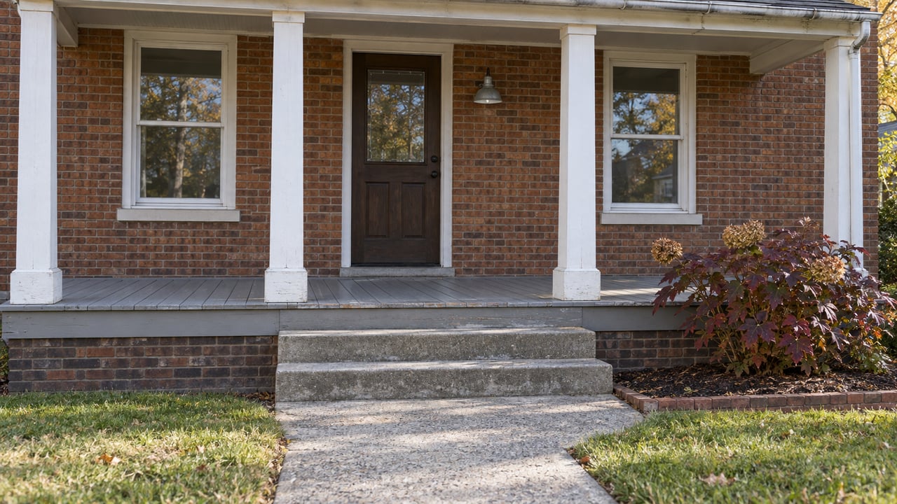 Russet brick home with a white-painted porch, paired sash windows, weathered gray steps, and an oakleaf hydrangea in autumn color.