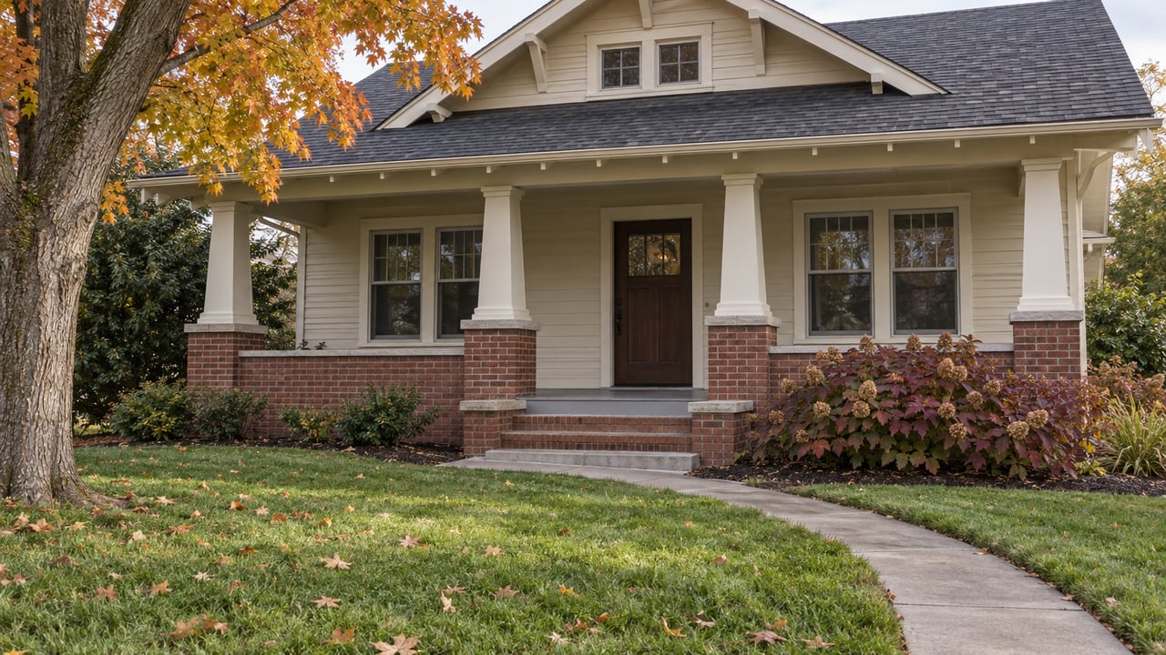 Ivory Craftsman house with a brick porch, deep front lawn, and orange maple leaves in soft autumn daylight.
