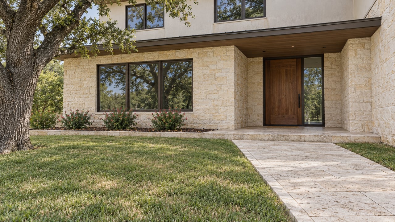 A limestone and ivory stucco home with bronze window frames, a shaded cedar entry, a broad lawn and a mature live oak.