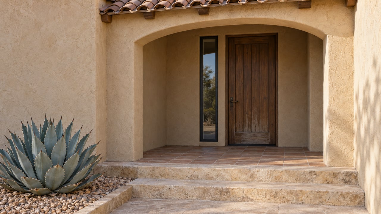 Morning light reveals a sand-colored stucco entry, closed wood door, limestone steps and a blue-gray agave in a gravel bed.