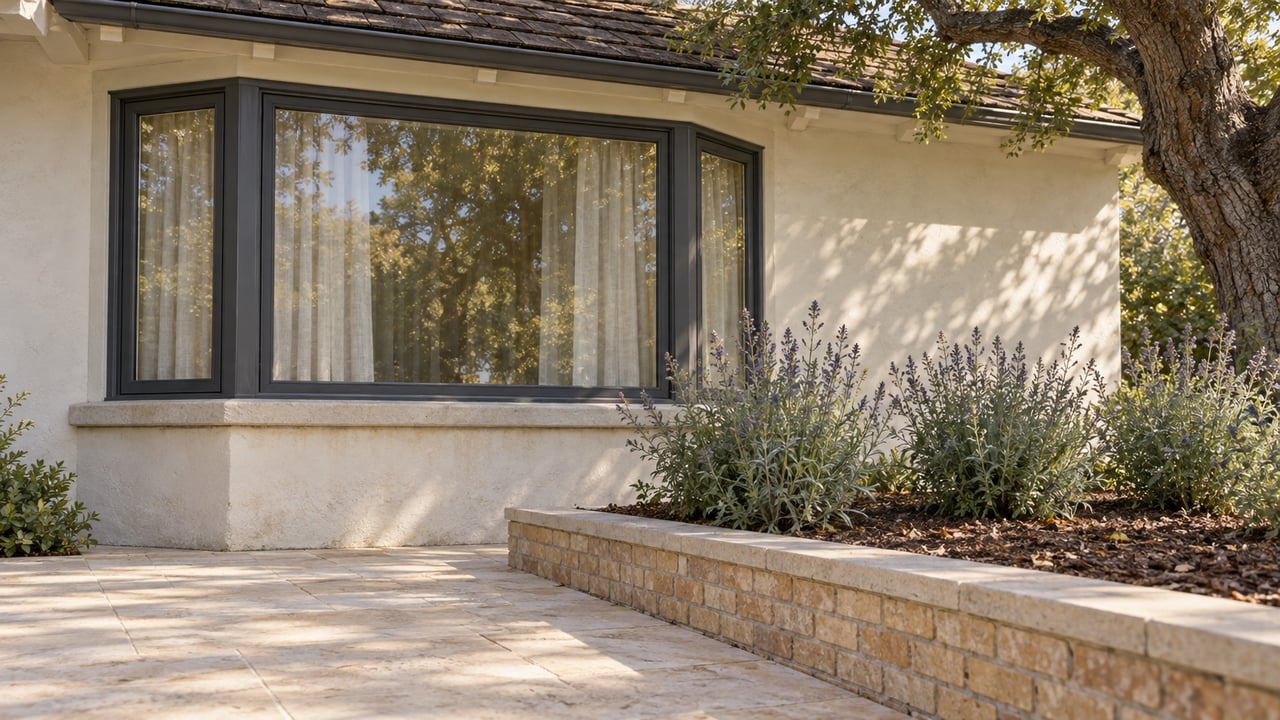 Ivory plaster home with a charcoal-framed bay window, limestone terrace and brick-edged planting beneath a mature oak.
