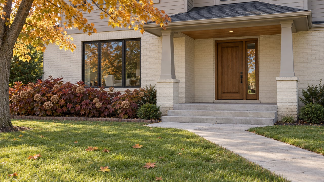 Autumn morning light on an ivory-brick home with a covered oak entry, broad front lawn and amber sugar maple.