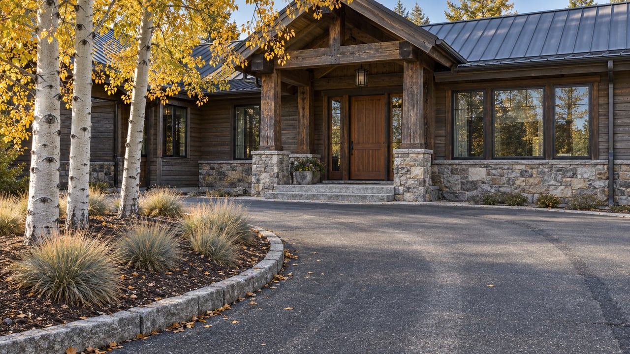 A broad weathered driveway leads to a timber-and-stone home with a sheltered entrance and golden autumn aspens.