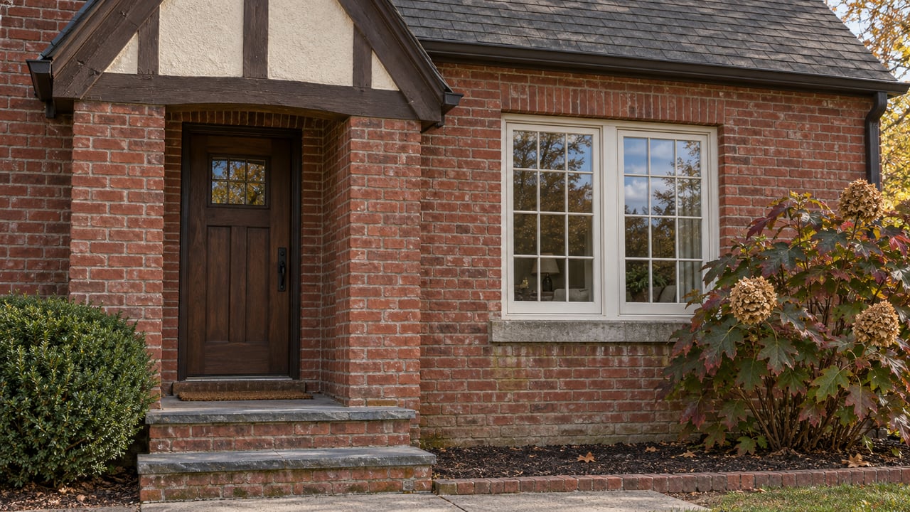 Brick house entrance with a timbered gable, oak door, cream casement window, bluestone steps and autumn oakleaf hydrangea.