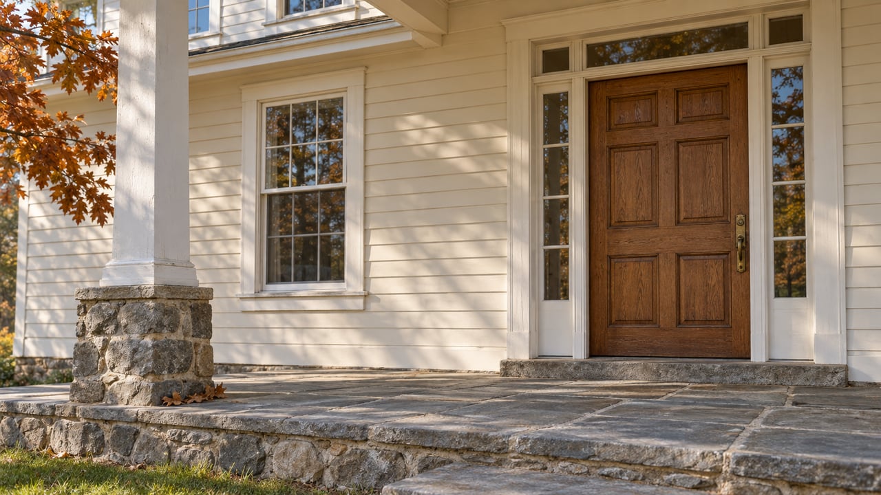 Autumn light on a farmhouse porch with cream clapboard, an oak entry door and weathered stone paving.