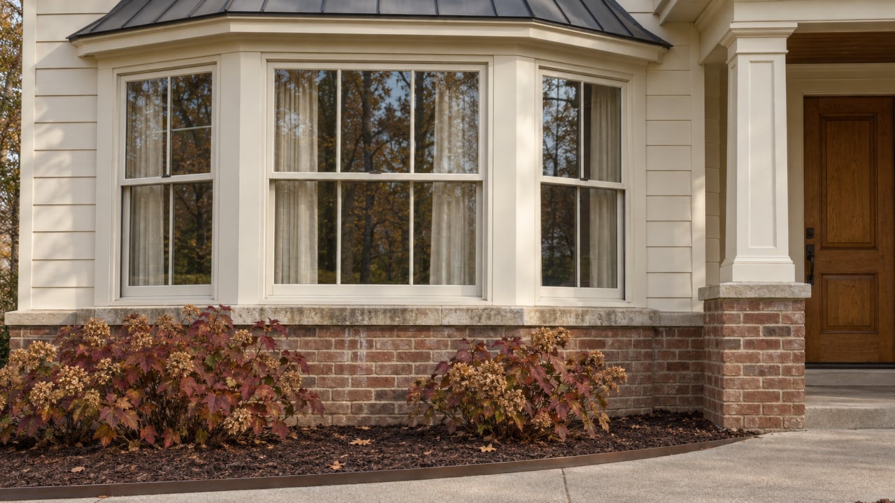 Ivory siding and a glazed window bay above a weathered brick foundation, with autumn oakleaf hydrangeas beside a covered entry.