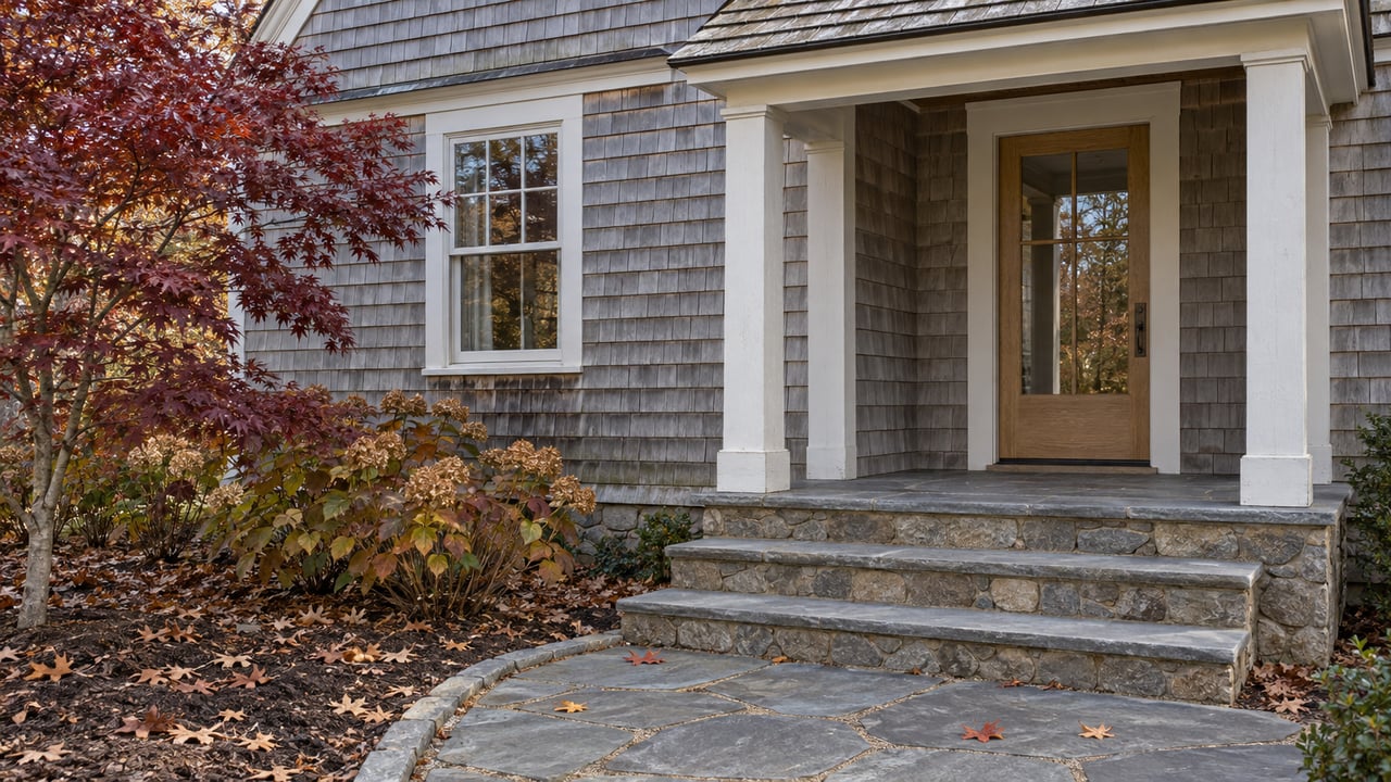 Silver-gray shingle home entrance with a recessed porch, bluestone steps and burgundy autumn foliage.