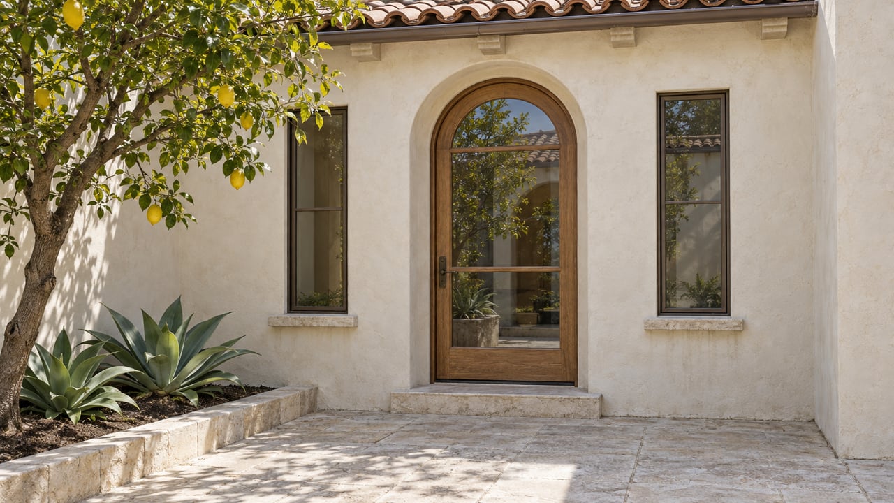 An ivory stucco home's glazed arched entry opens onto a limestone courtyard with a lemon tree and two sculptural agaves.