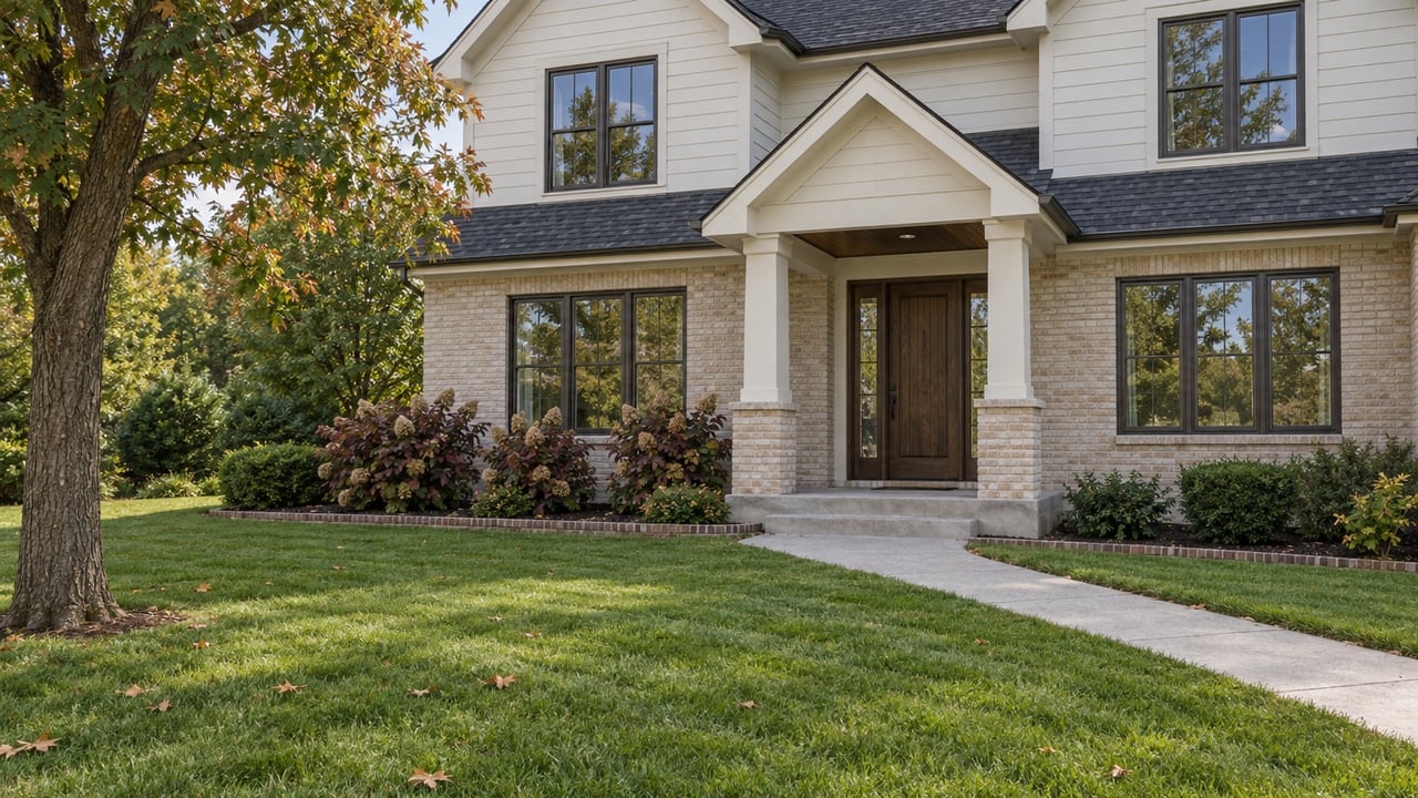 An ivory-sided and buff-brick home with a charcoal gabled roof, oak entry door, deep front lawn and autumn oakleaf hydrangeas.