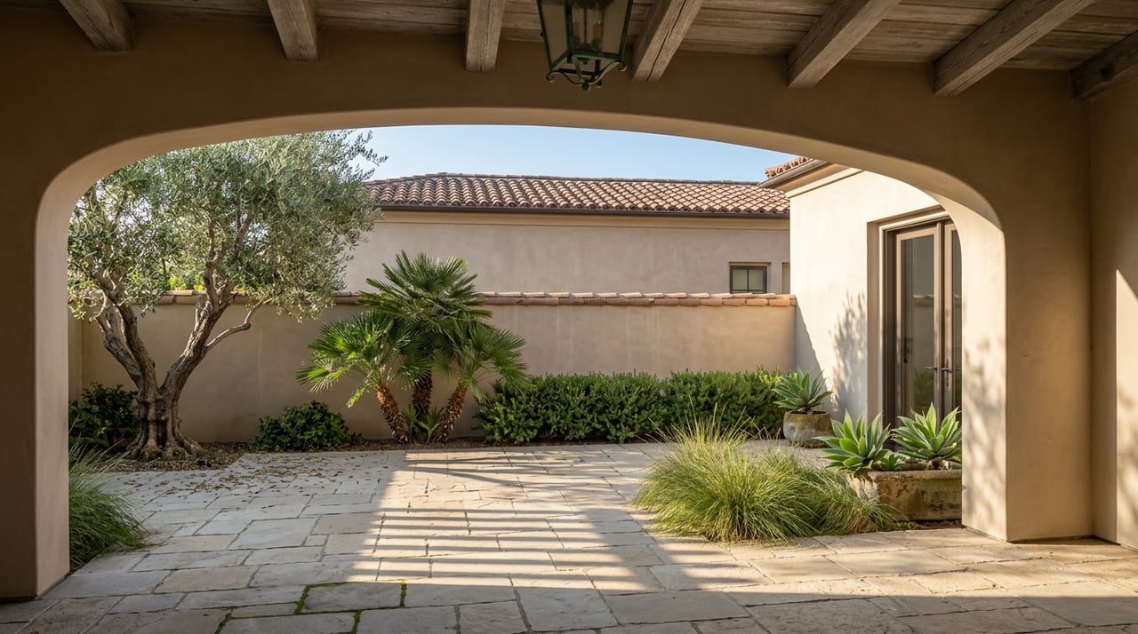 Stucco arch frames a limestone courtyard with a twisting olive tree and Mediterranean plants.