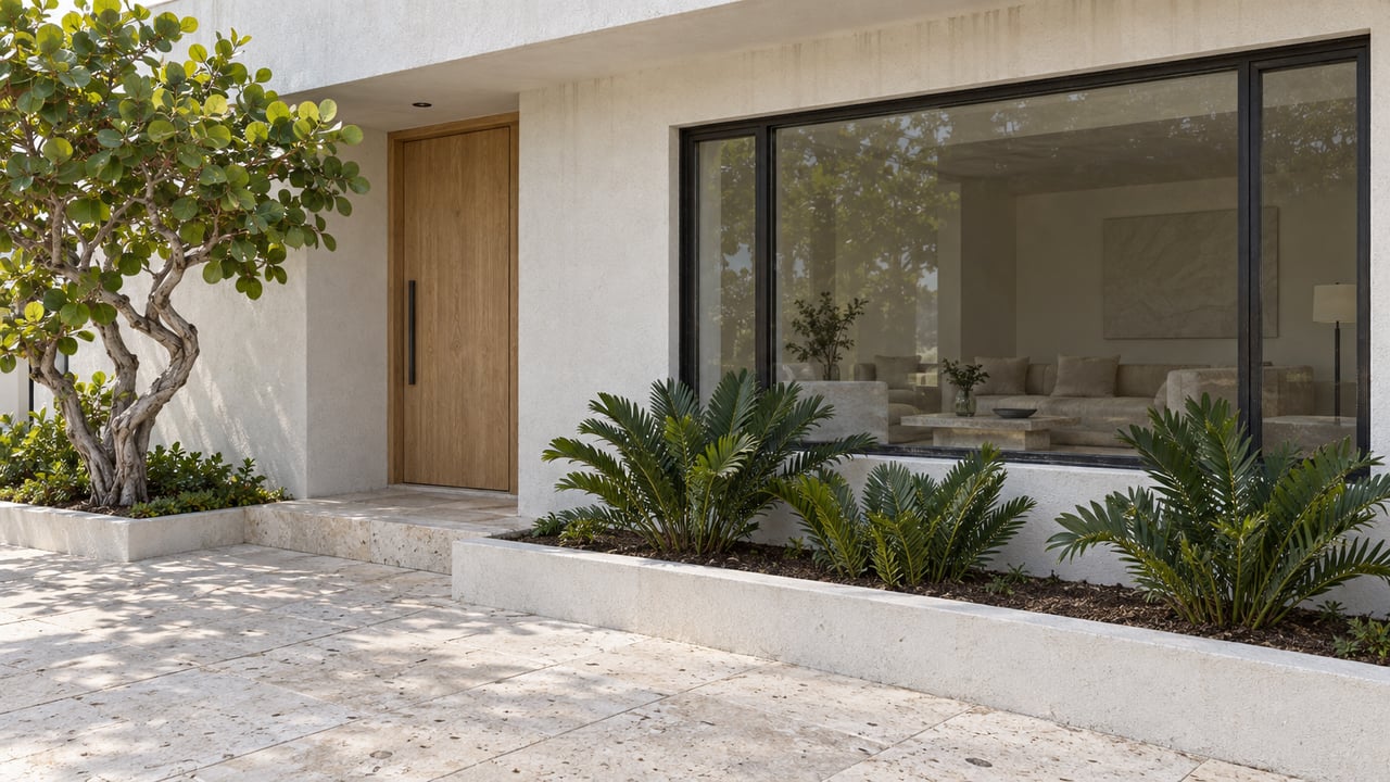 Coastal home with pale stucco walls, a wood entry, glazed window, shellstone paving, and a raised tropical planting bed.