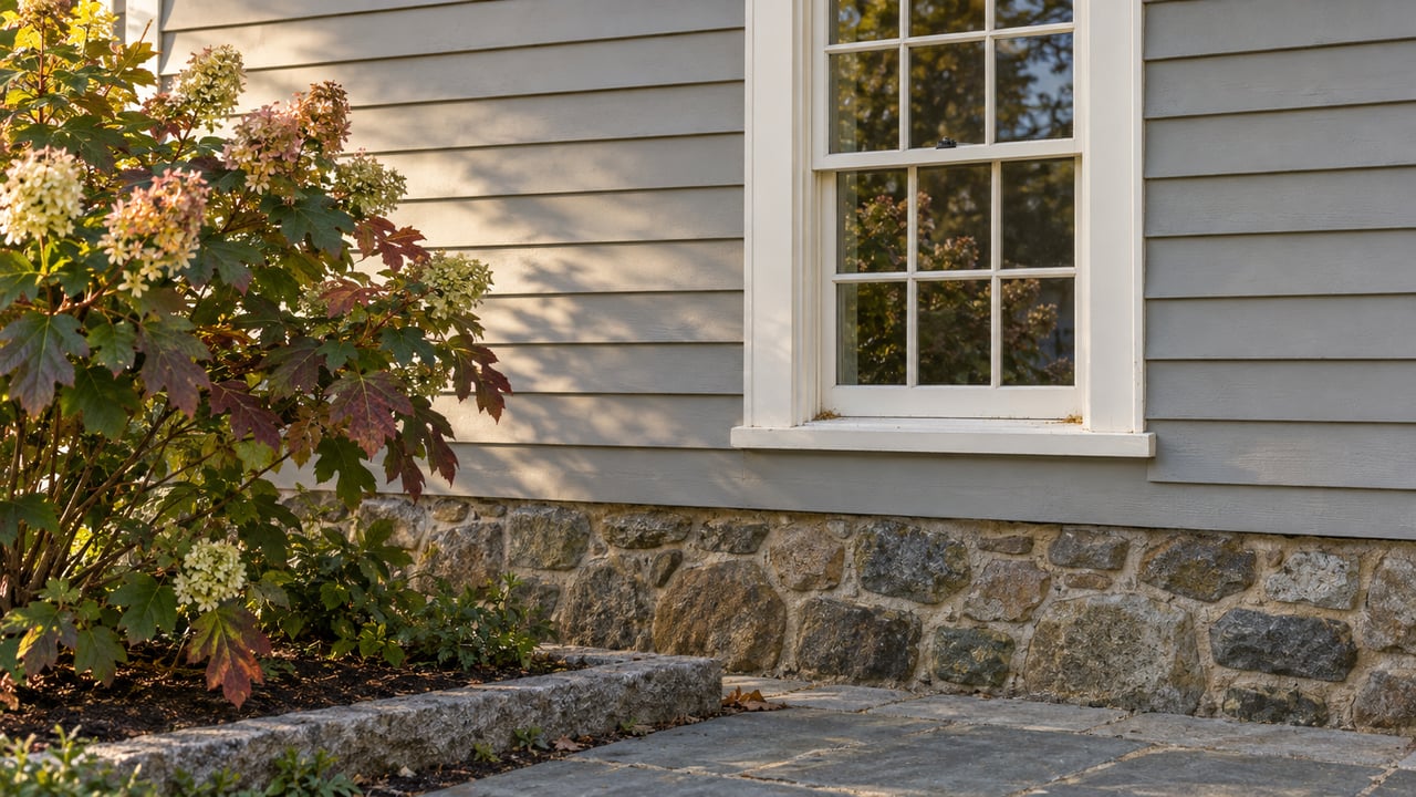 Warm-gray clapboard house with an ivory sash window above a fieldstone foundation and wine-red hydrangea.