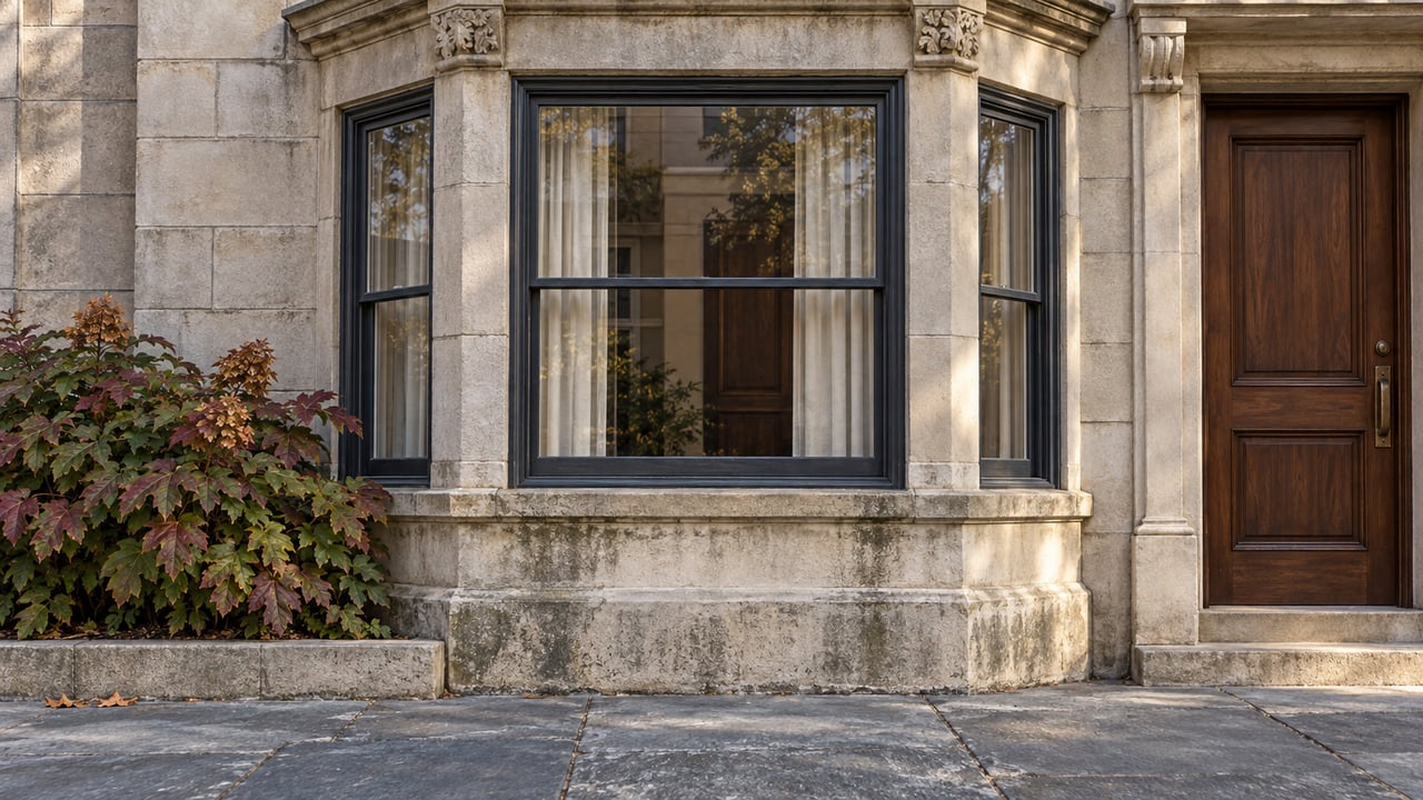 Stone house facade with a bay window, paneled wooden door, and autumn foliage.