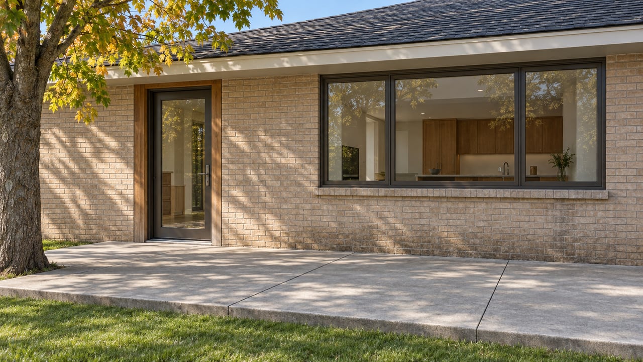 Buff-brick home with broad bronze-framed windows, a glazed terrace door and a concrete patio beside an autumn sugar maple.