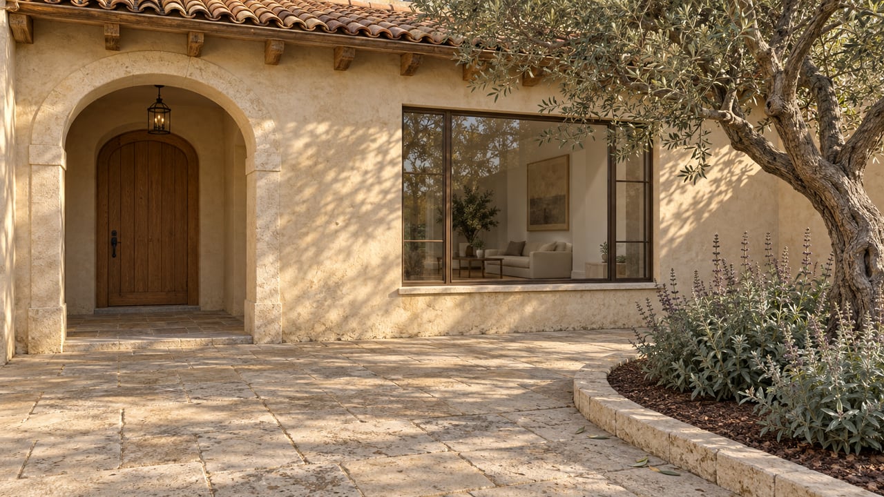 Sunlit stucco home with a recessed arched oak entry, limestone courtyard and mature olive tree.