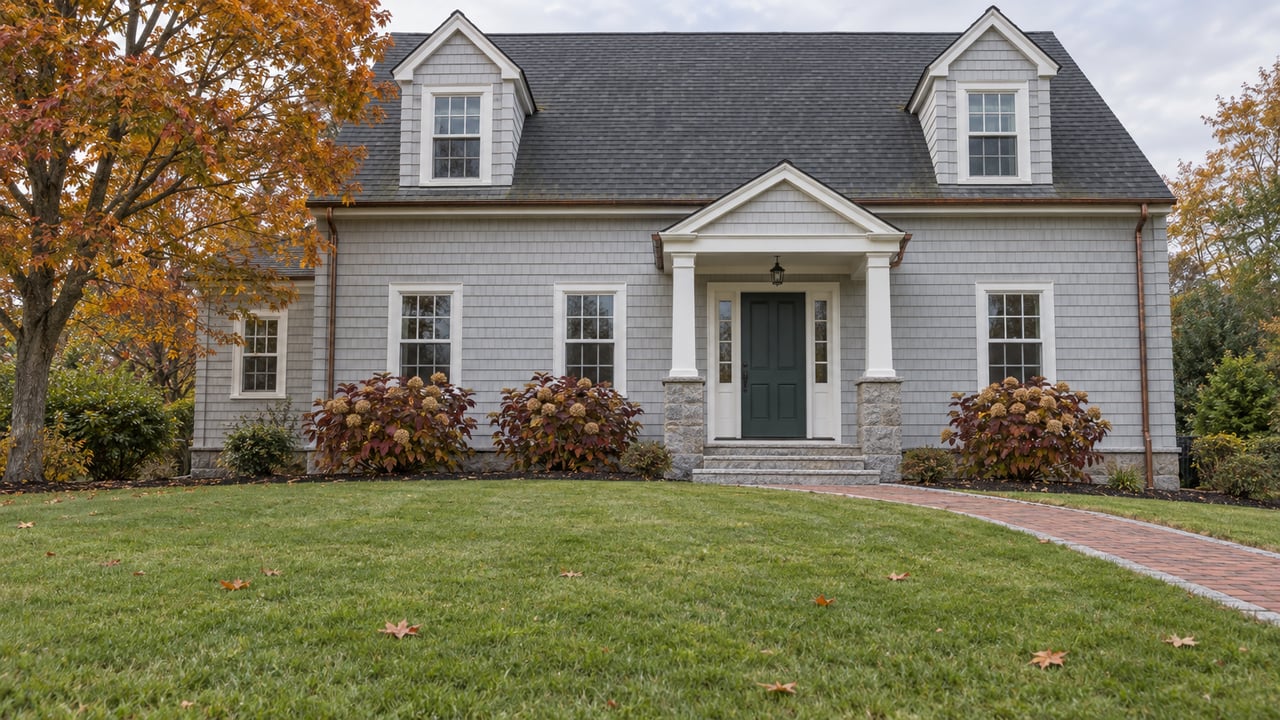 Light-gray shingled home with a dark-green front door, brick approach, broad lawn, and a mature maple in autumn color.