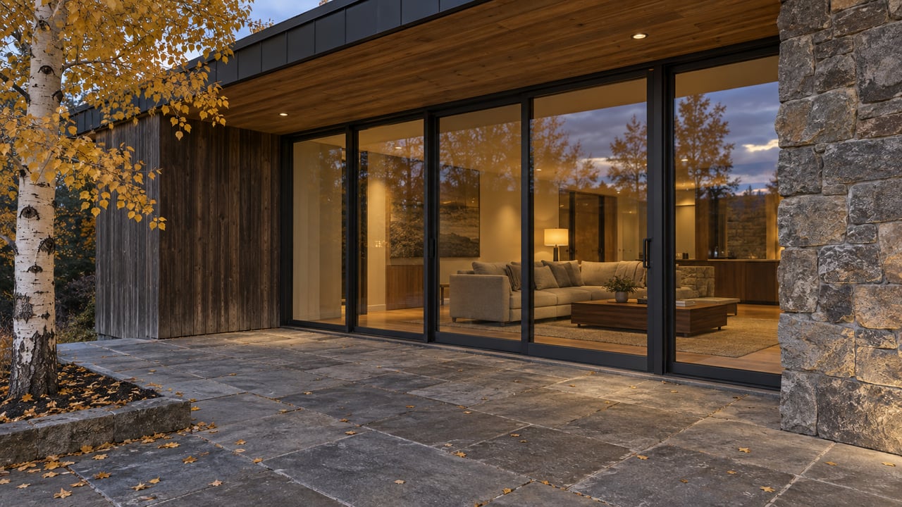 An autumn evening terrace with grey stone paving, weathered timber siding, large closed glass doors and a golden-leaved aspen beside a warmly lit living room.