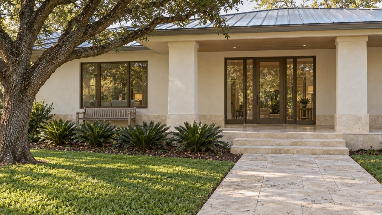 Cream stucco home with a shaded limestone porch, bronze-framed glazing and a garden path beneath a spreading live oak.