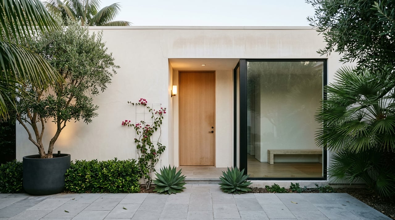 Recessed oak entry with a glowing wall sconce, olive tree, and dew-darkened limestone pavers.