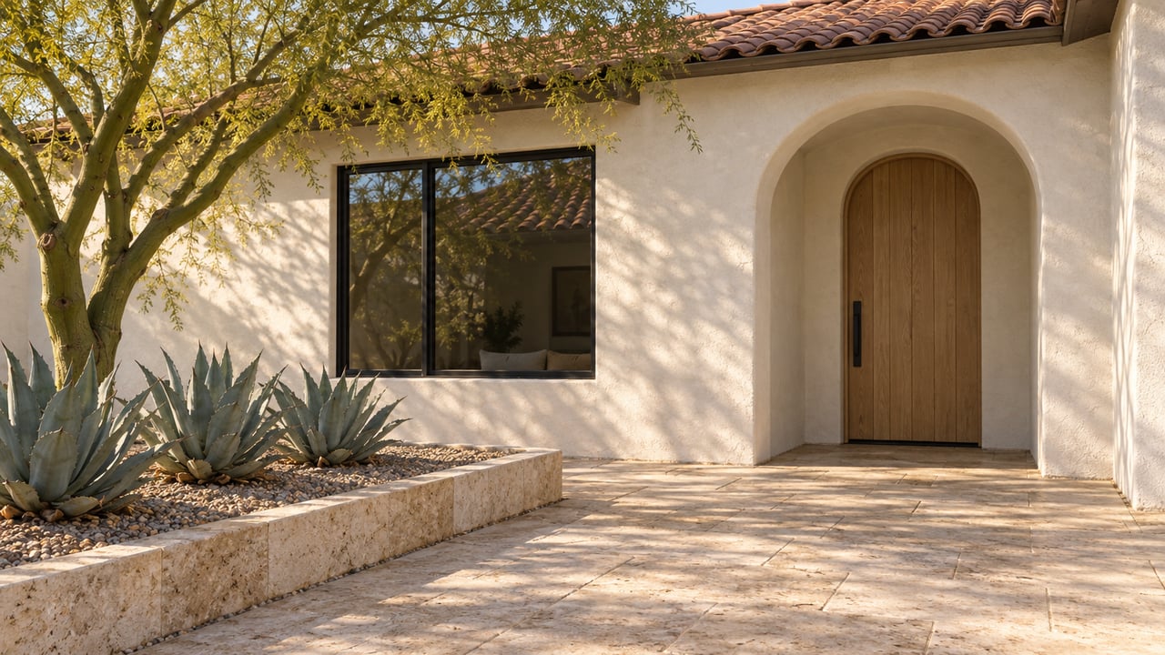 Sunlit stucco home entry with an arched oak door, clay tile roof, travertine path and sculptural desert planting.
